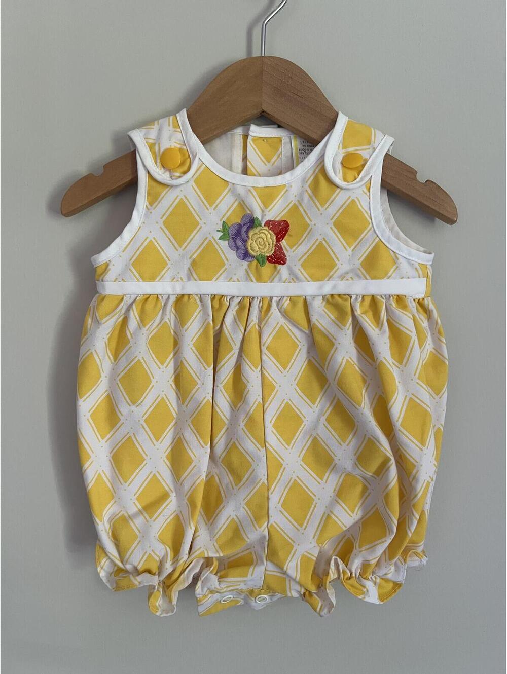 Vintage Paper Tag Yellow Geometric Floral Embroidery Sleeveless Bubble